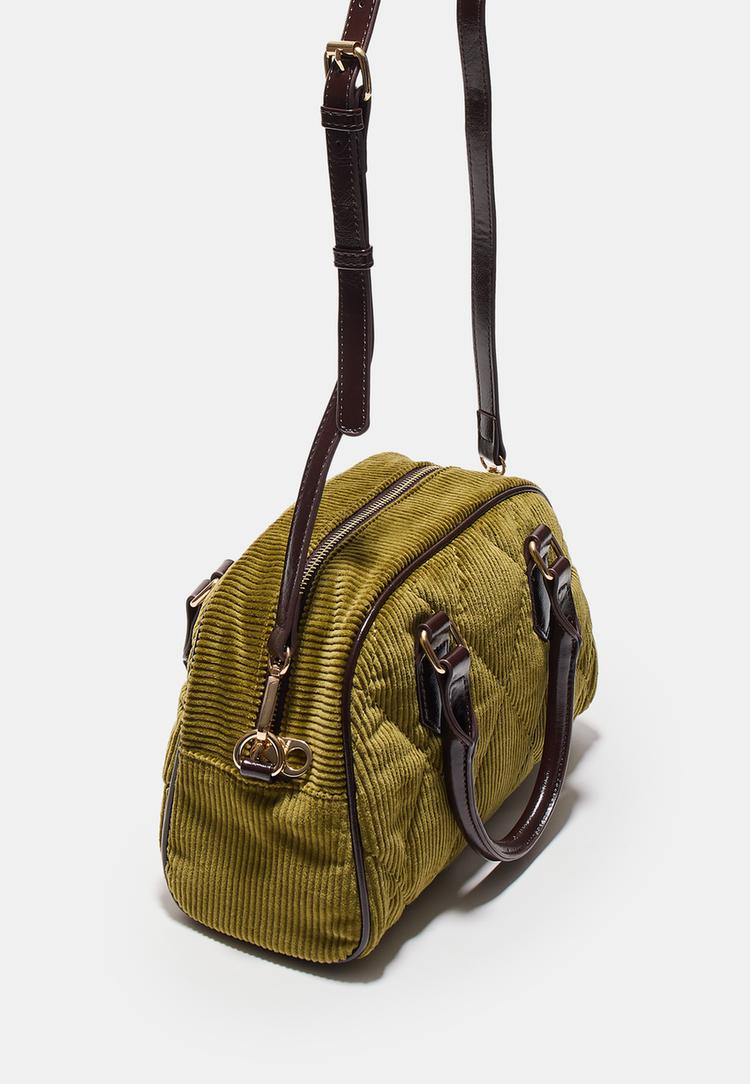 Stradivarius Τσάντα Bowling Από Κοτλέ Με Συνδυασμό Υλικών Λαδί Os φωτογραφία