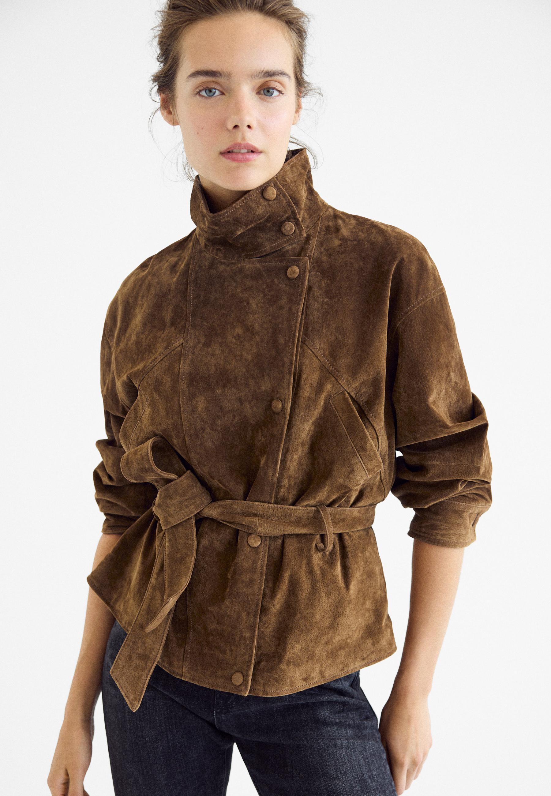 Stradivarius Δερμάτινο Trench Με Ζώνη Και Ψηλό Γιακά Καφέ Xl