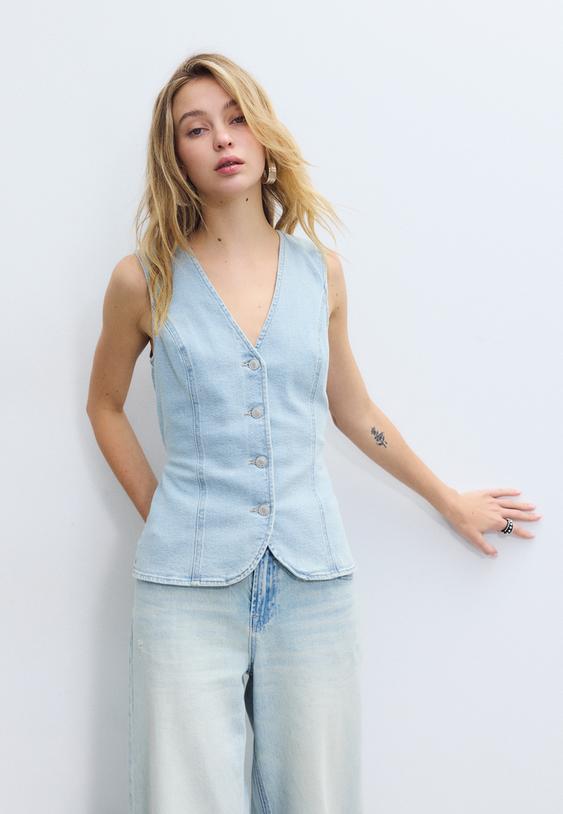 Stradivarius Fitted Denim Top Medium Blue Denim Xs