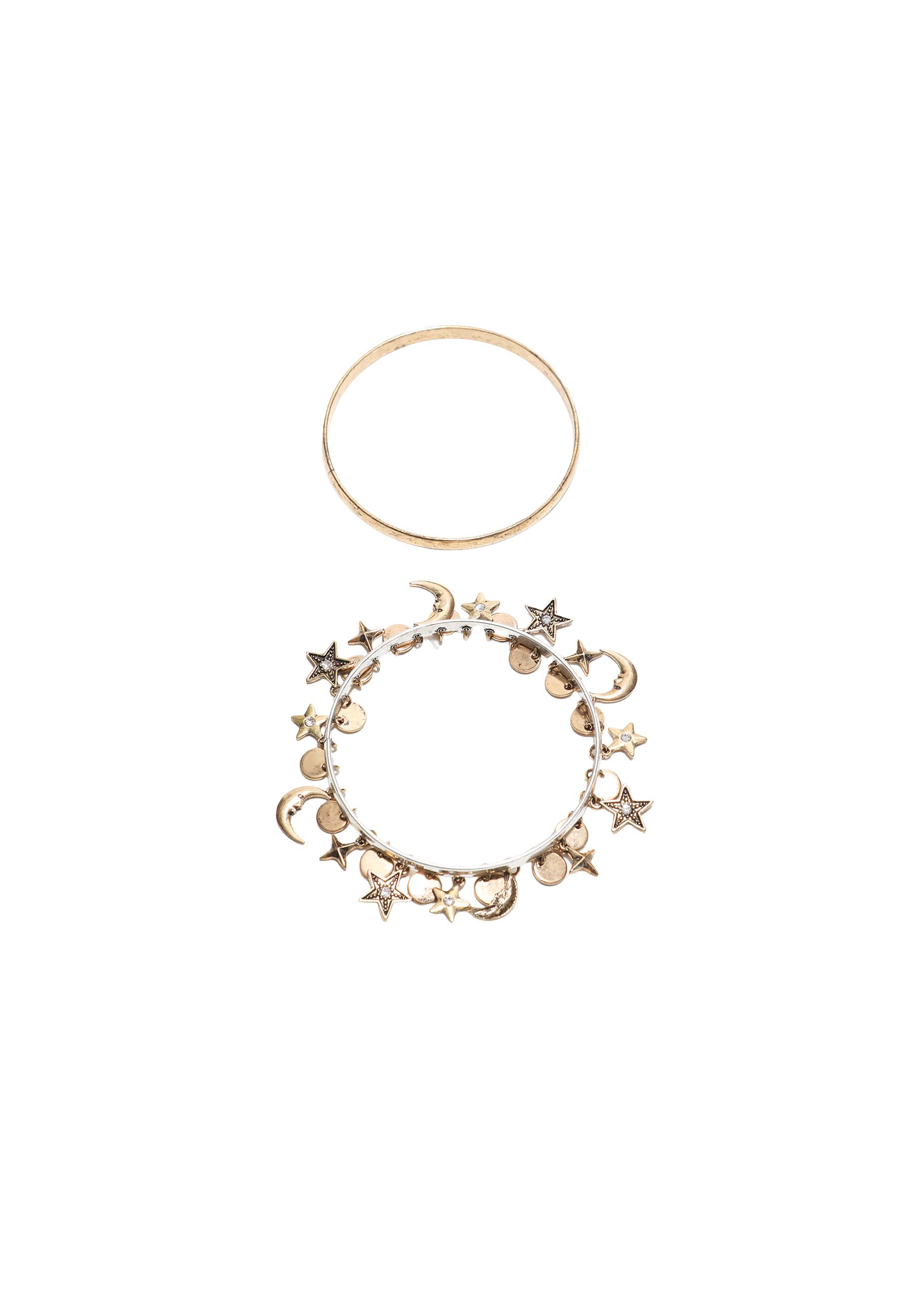 Set of 2 moon and star multi-charm bracelets — Gold