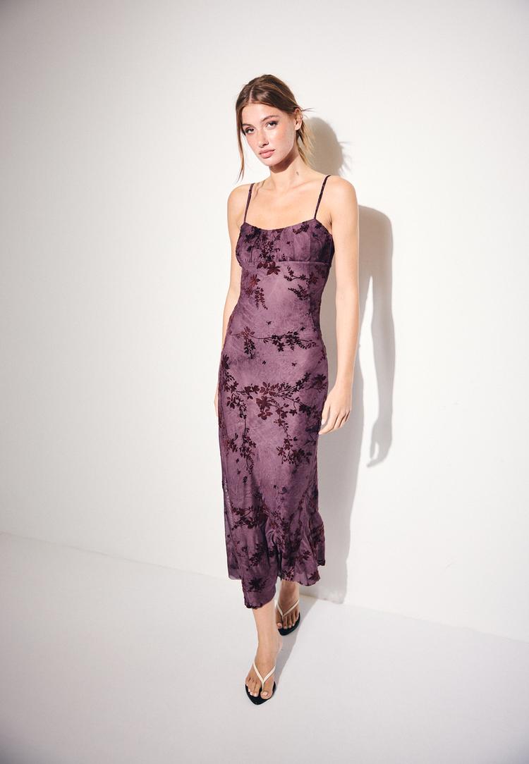 flocked strap midi dress