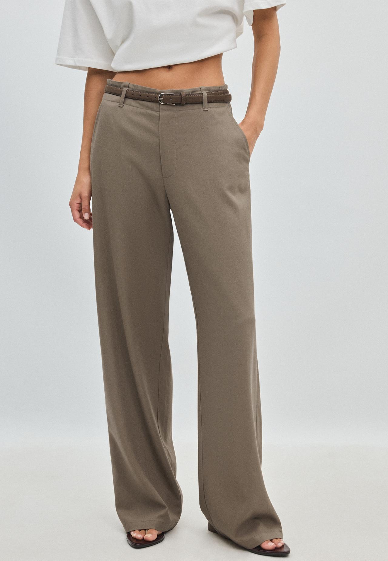 Straight-leg linen-effect trousers with belt — Brown