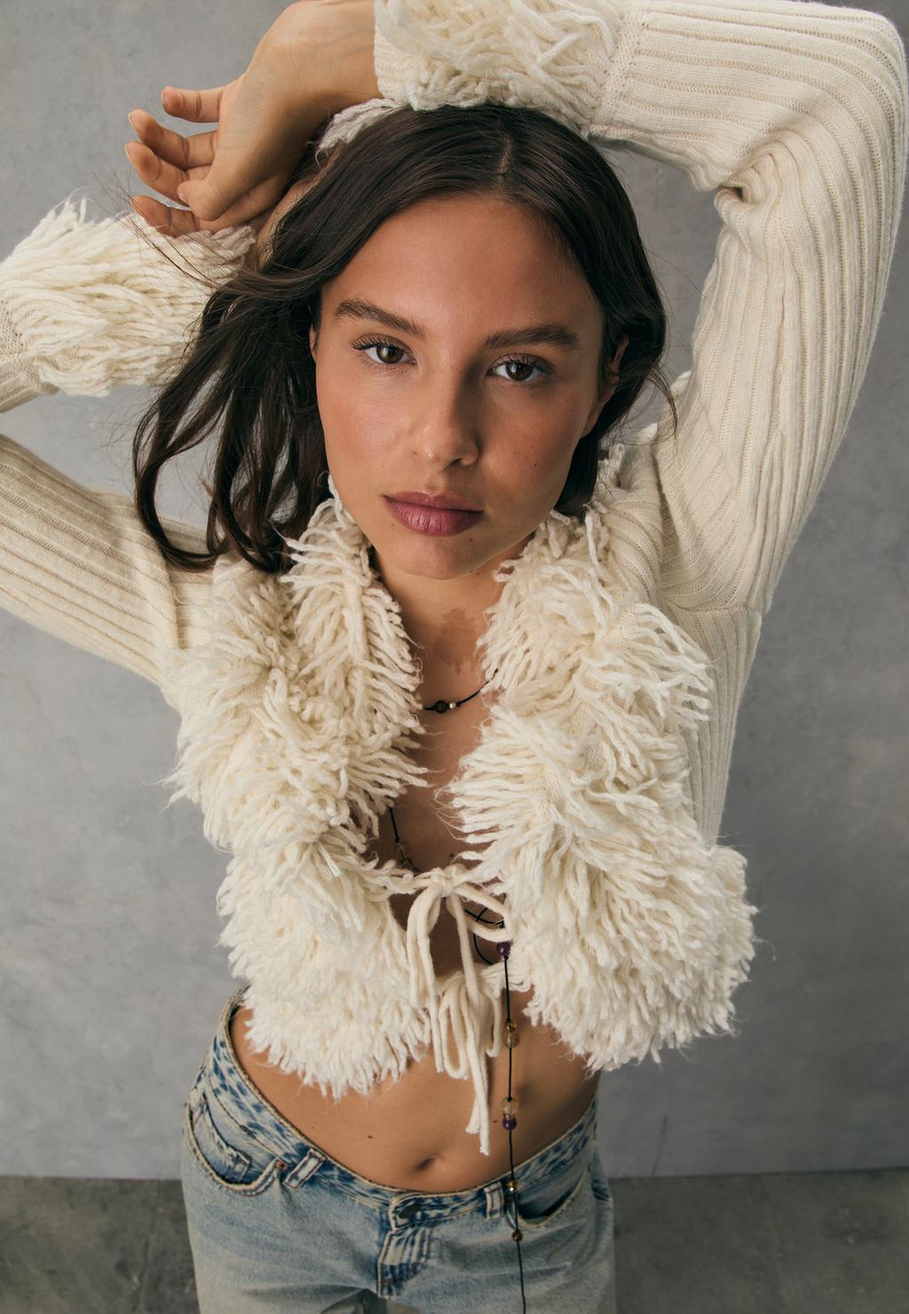 Faux fur knit cardigan with tie