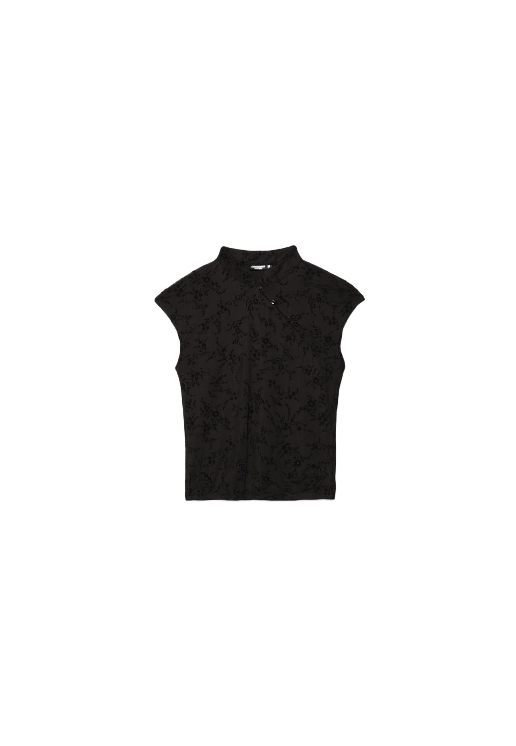 Flocked stand collar T-shirt — Black