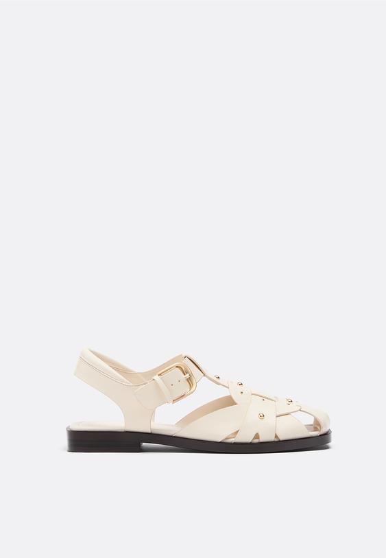 Stradivarius Leather Effect Studded Cage Sandals Ecru 3