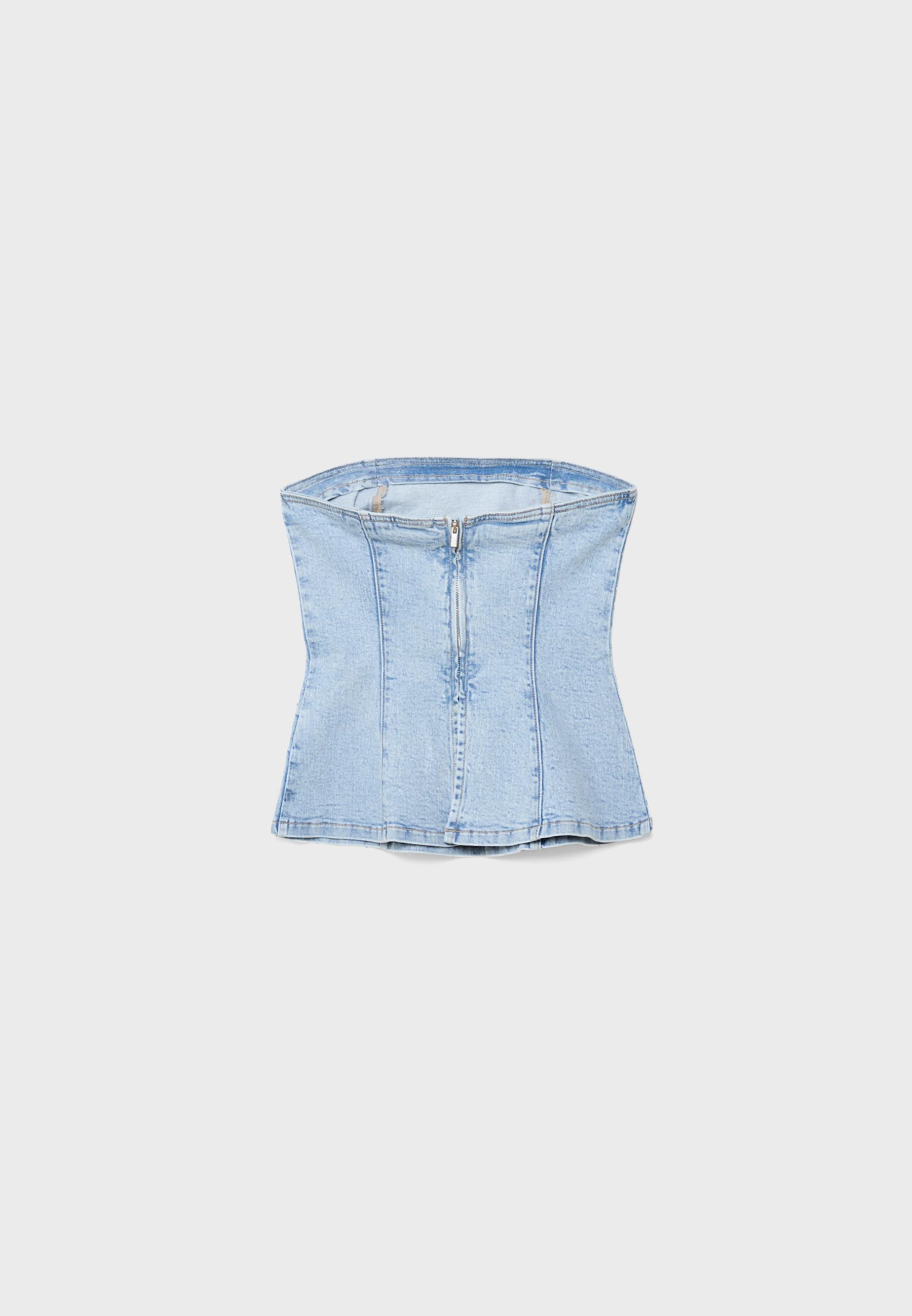 Shimmery denim bustier top — MEDIUM LIGHT BLUE DENIM