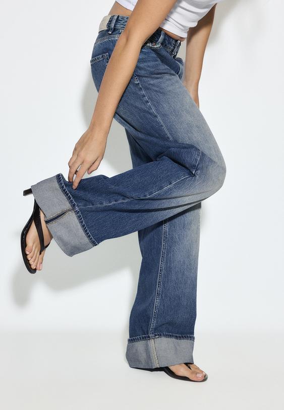 Stradivarius D91 Jean Low Wide Leg Denim Bleu Moyen Délavé 32