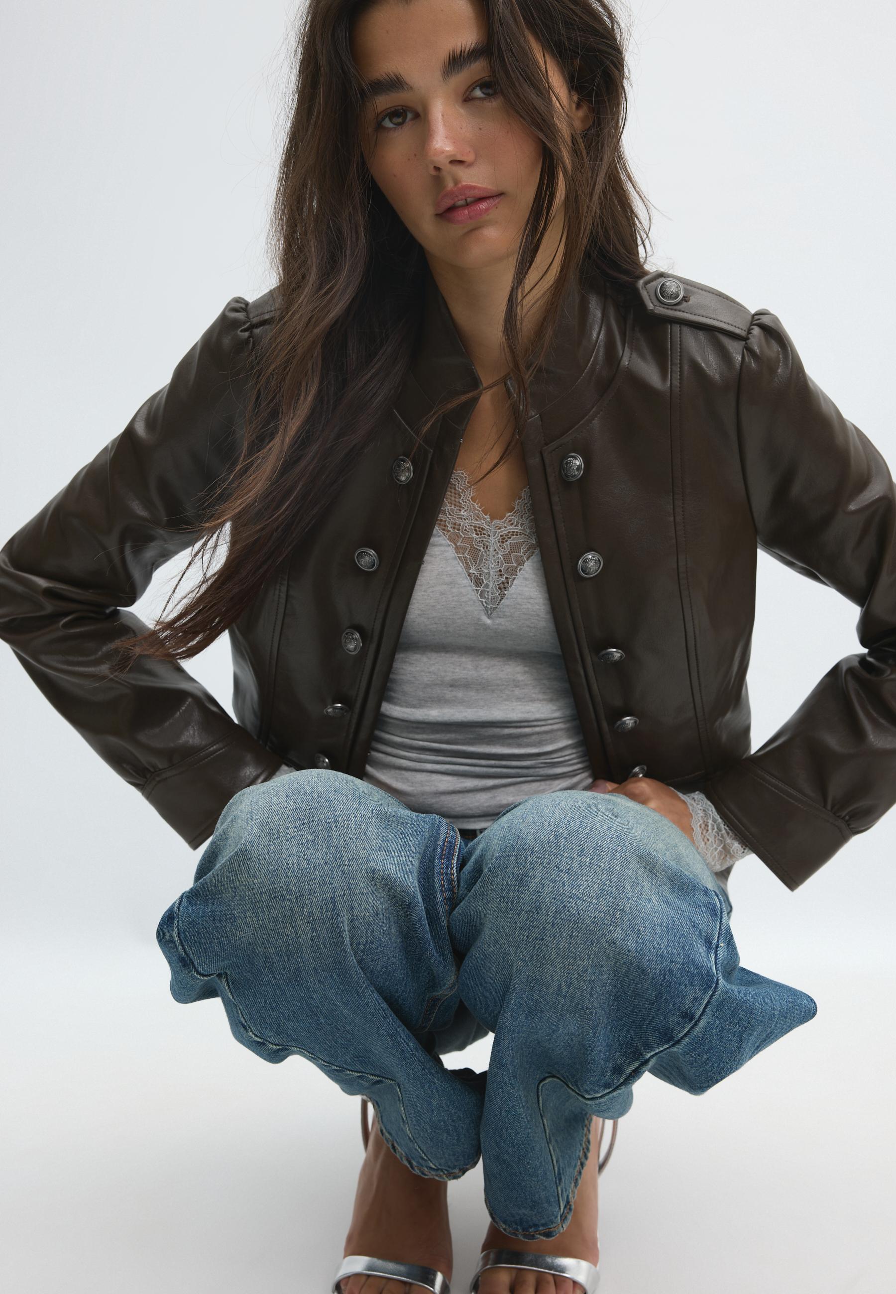 Leather effect blazer with engraved buttons — Khaki