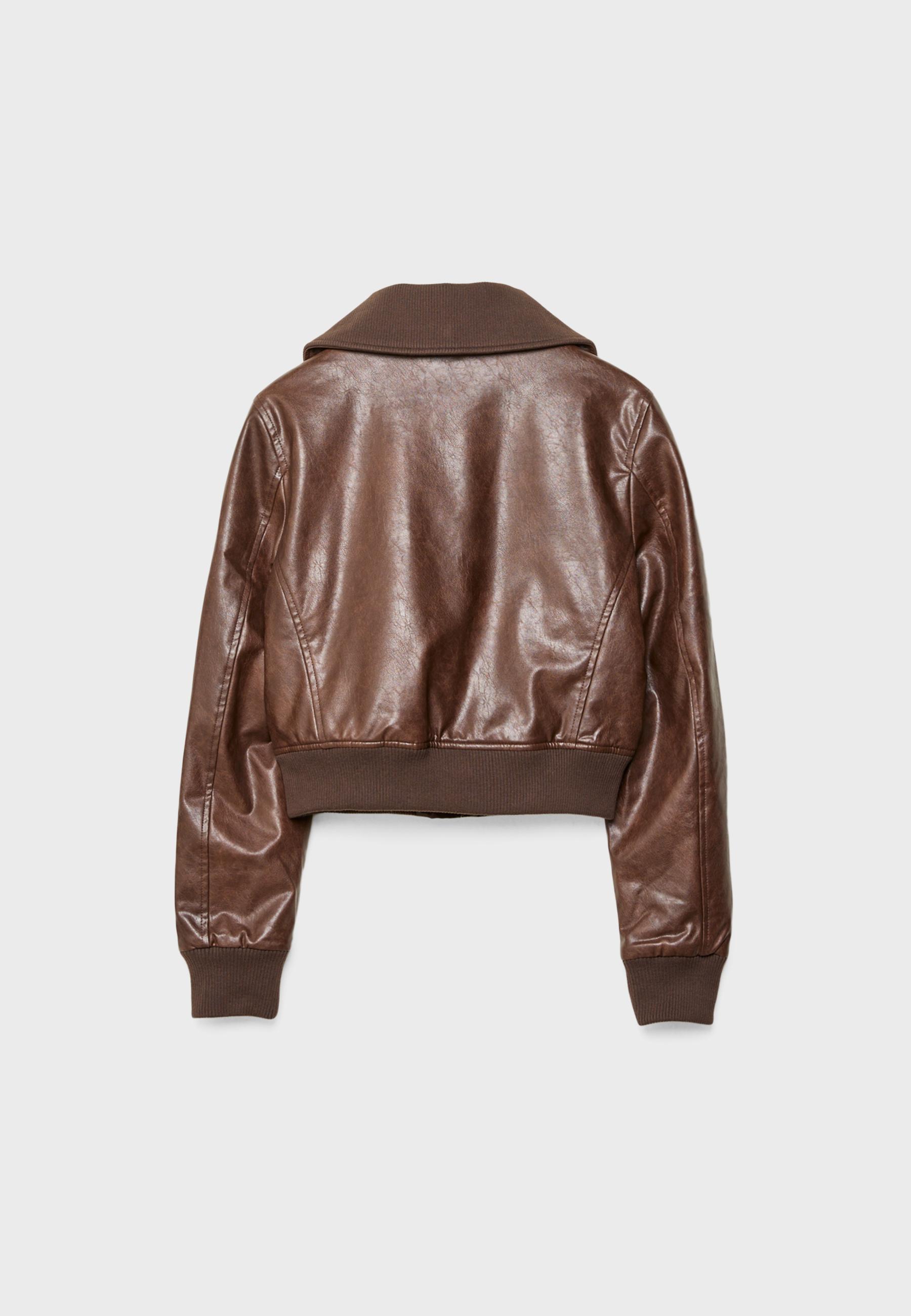 Short leather effect jacket with pockets - Women's fashion