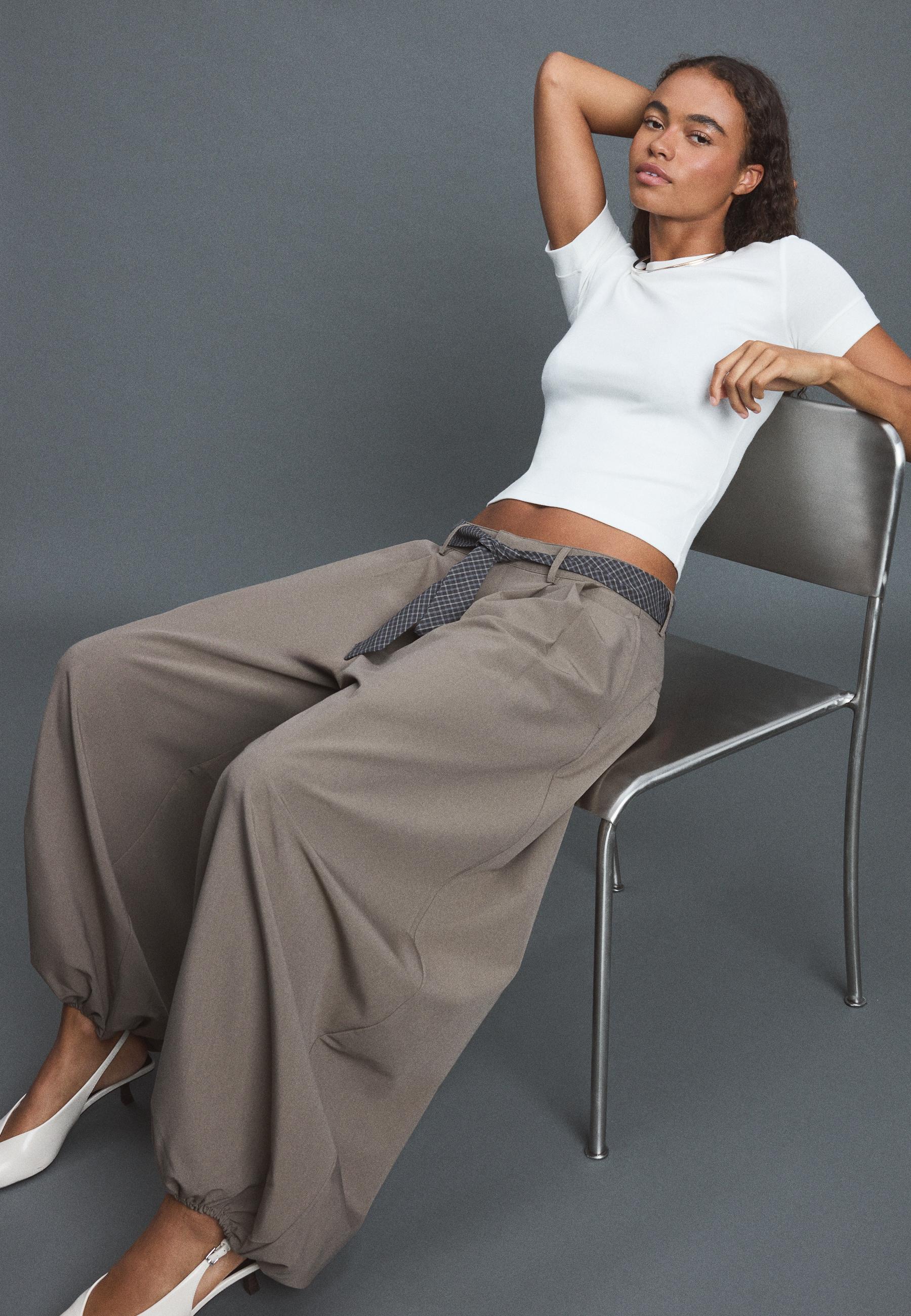 Voluminous sarouel trousers with tie belt — Brown