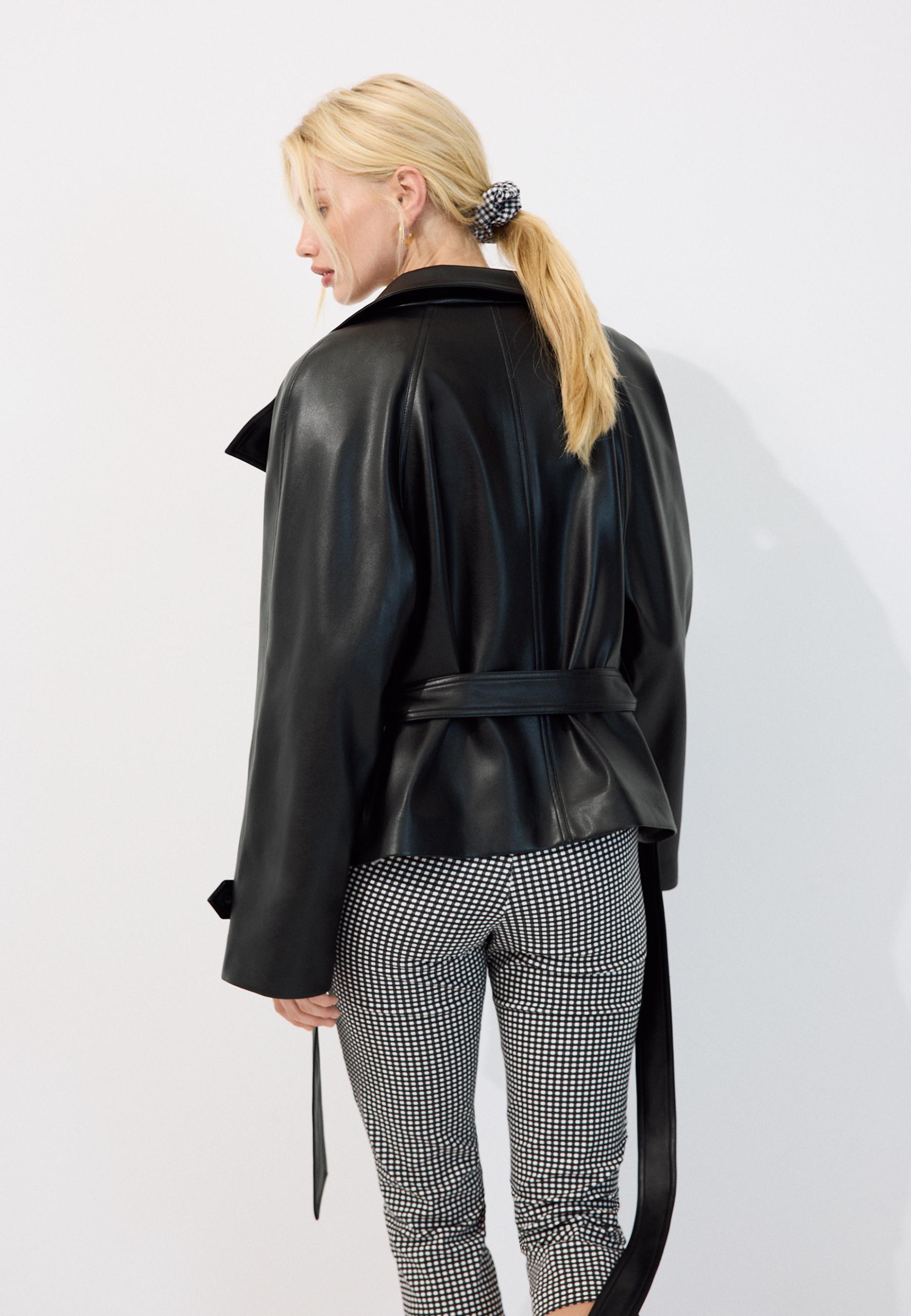 High neck leather effect trench coat — Black
