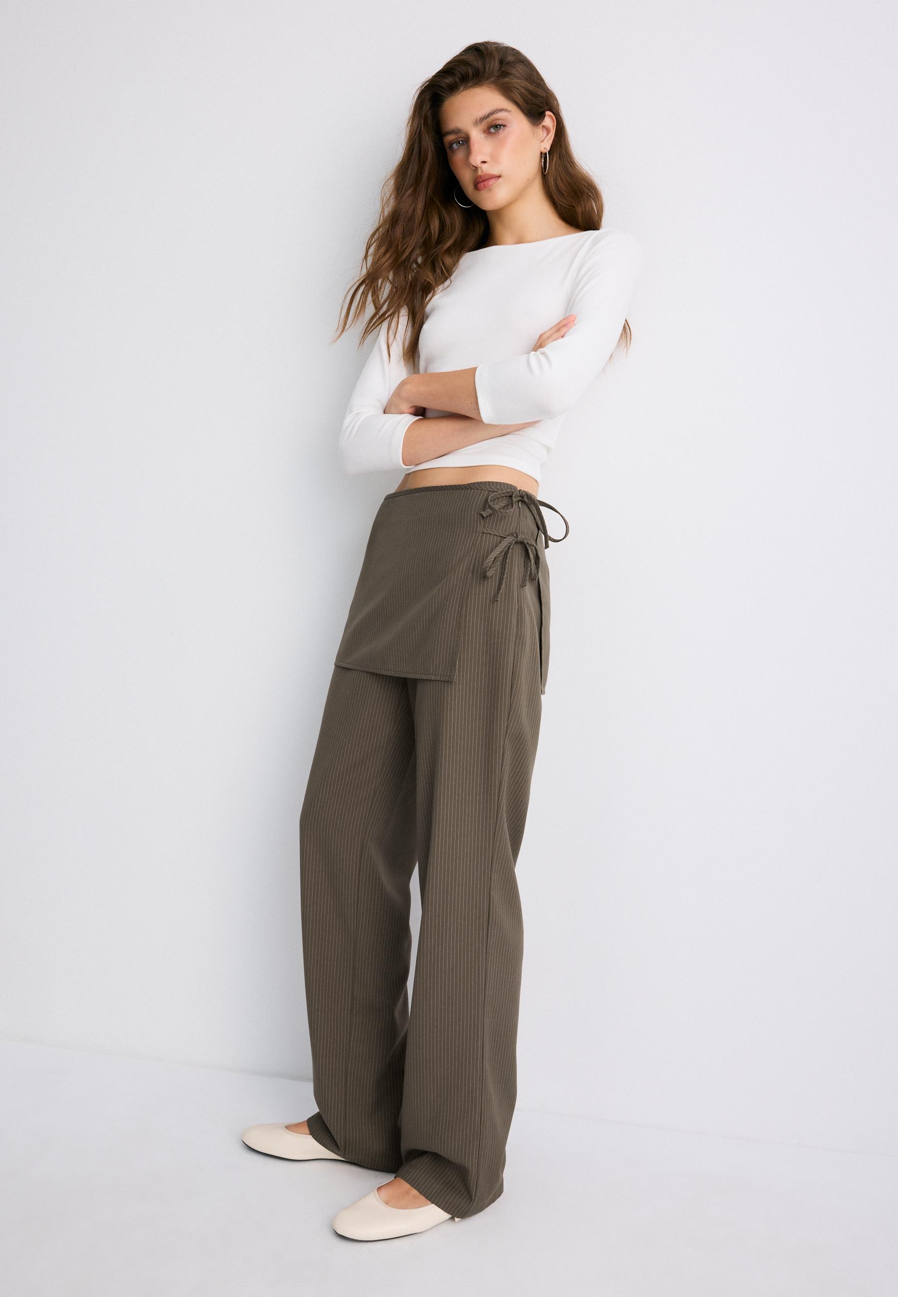 Striped straight-leg trousers with skirt overlay — Khaki