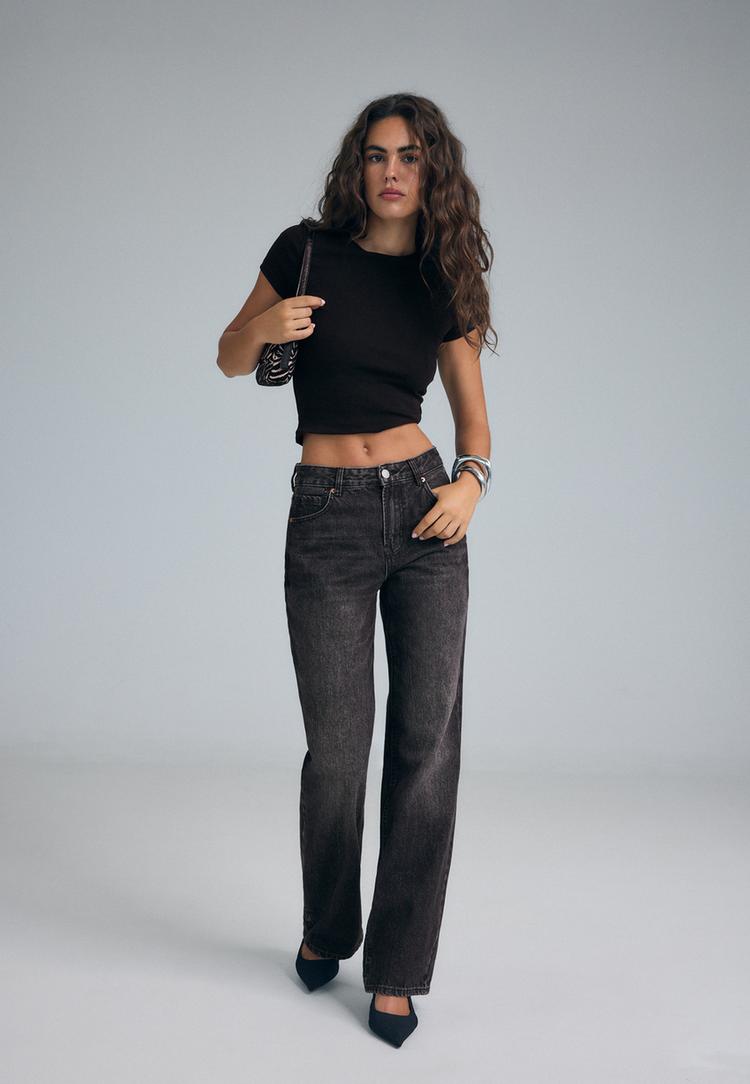 Stradivarius D92 Szakadt, Egyenes, Bő Szárú Farmernadrág 0-709 34