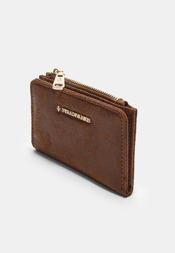 Stradivarius Faux Suede Card Holder Purse Brown Os