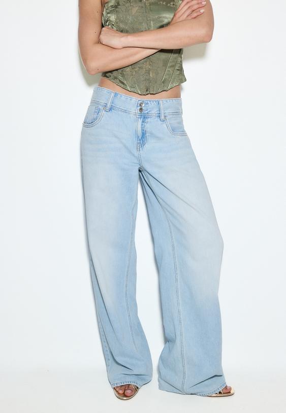 Stradivarius Blugi Talie Joasă Cu Nasture Dublu Efect Prespălat Denim Albastru Mediu Deschis 38