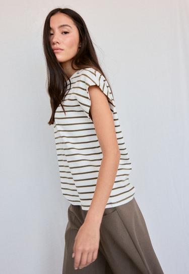 B06 Striped drop sleeve T-shirt — Khaki 4