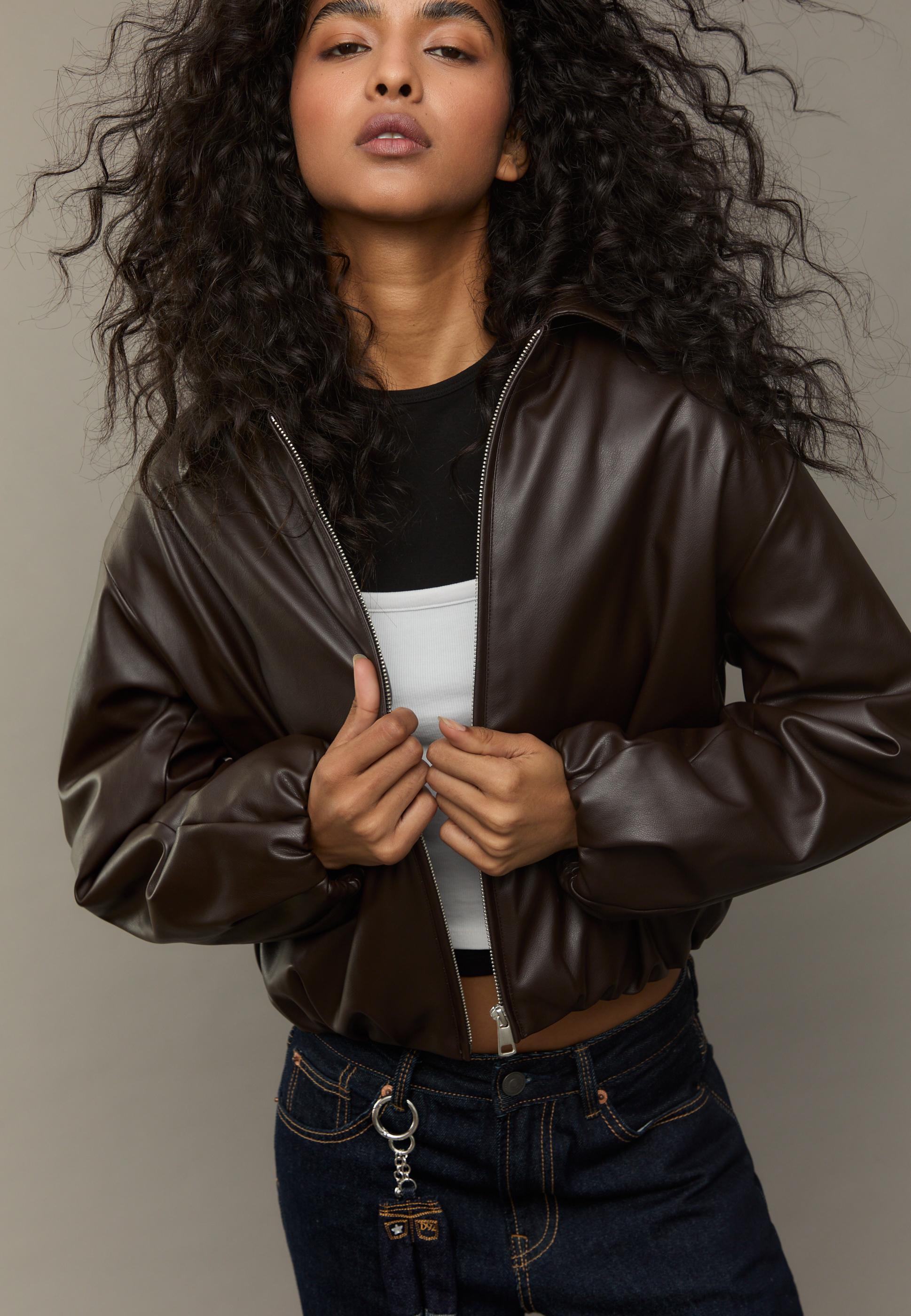 Padded leather effect bomber jacket — Brown