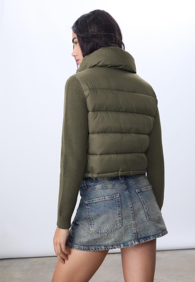 puffer jacket with chunky knit sleeves