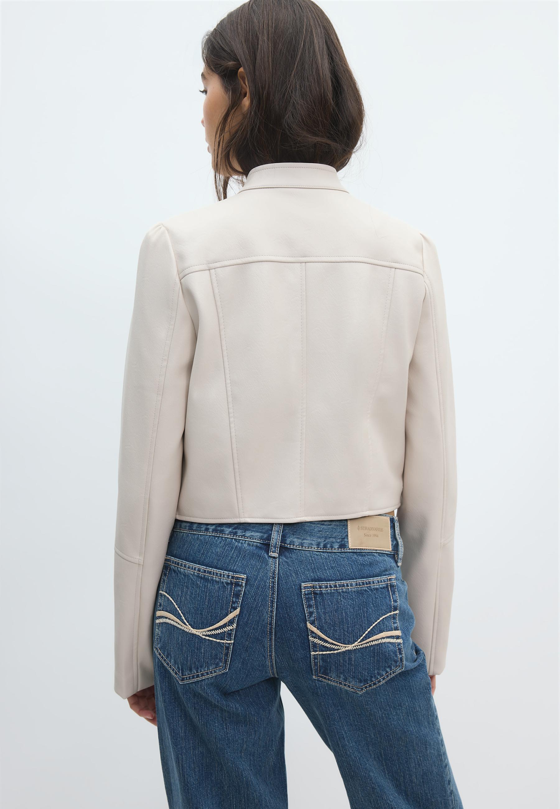 Cropped leather effect biker jacket — Ecru
