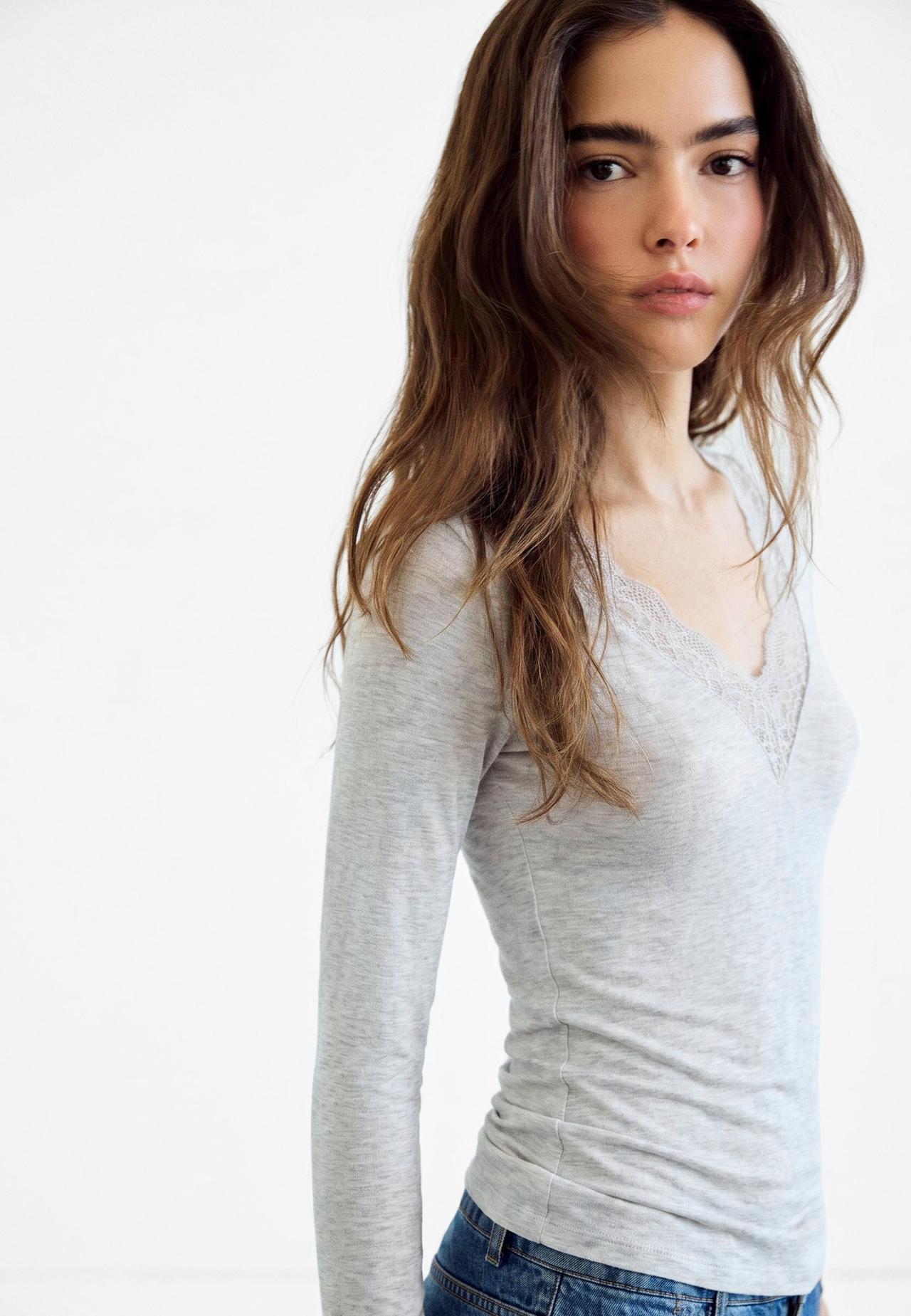 Cashmere V-neck long sleeve T-shirt — Grey melange