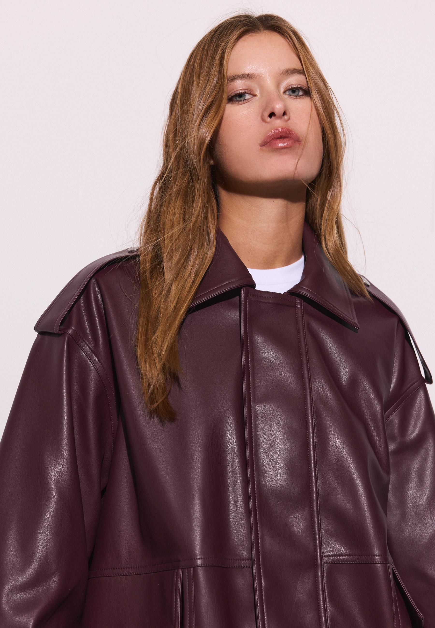 Oversize leather effect biker jacket — Burgundy