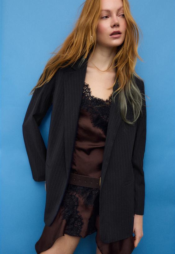 Stradivarius Striped Open Blazer Navy Blue L