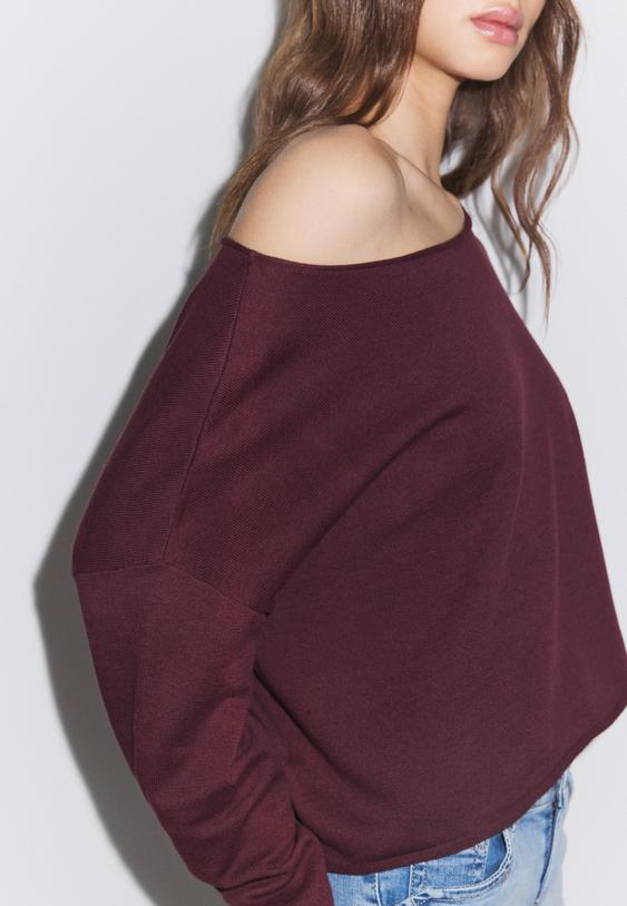 Stradivarius Boat Neck Cropped Sweater Burgundy L
