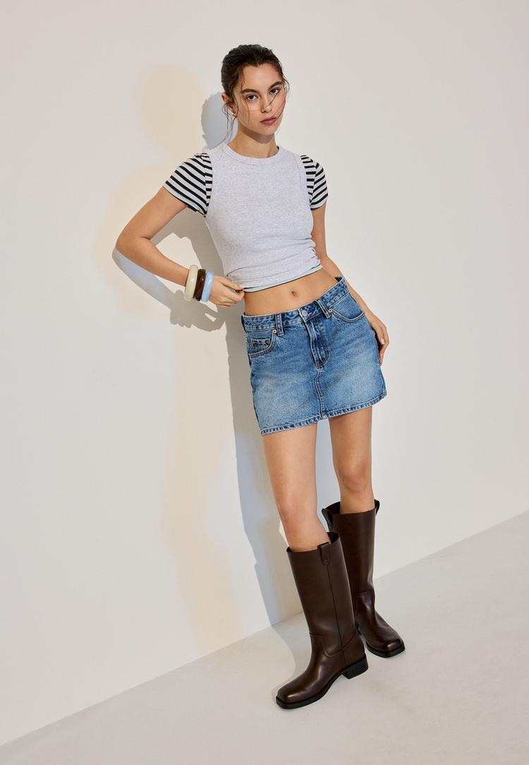 Stradivarius D60 Fustă Mini Din Denim Efect Prespălat Denim Albastru Mediu Deschis 38