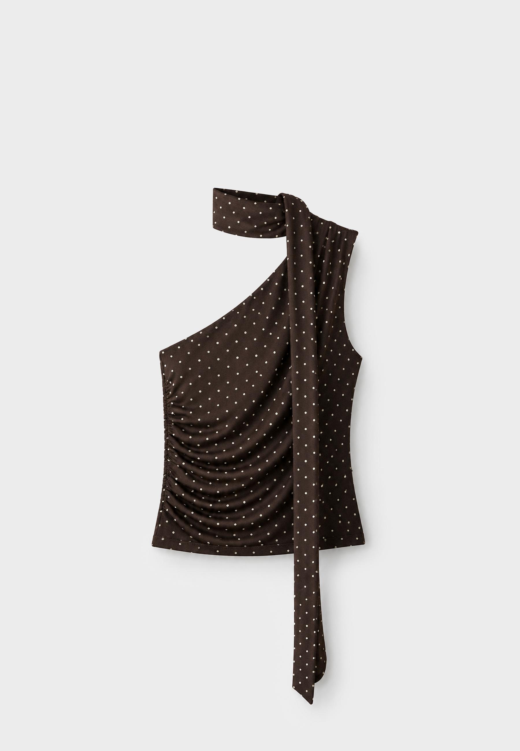 Asymmetric tulle polka dot neckerchief top — Brown