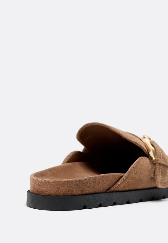 Stradivarius Backless Leather Clogs Beige 7