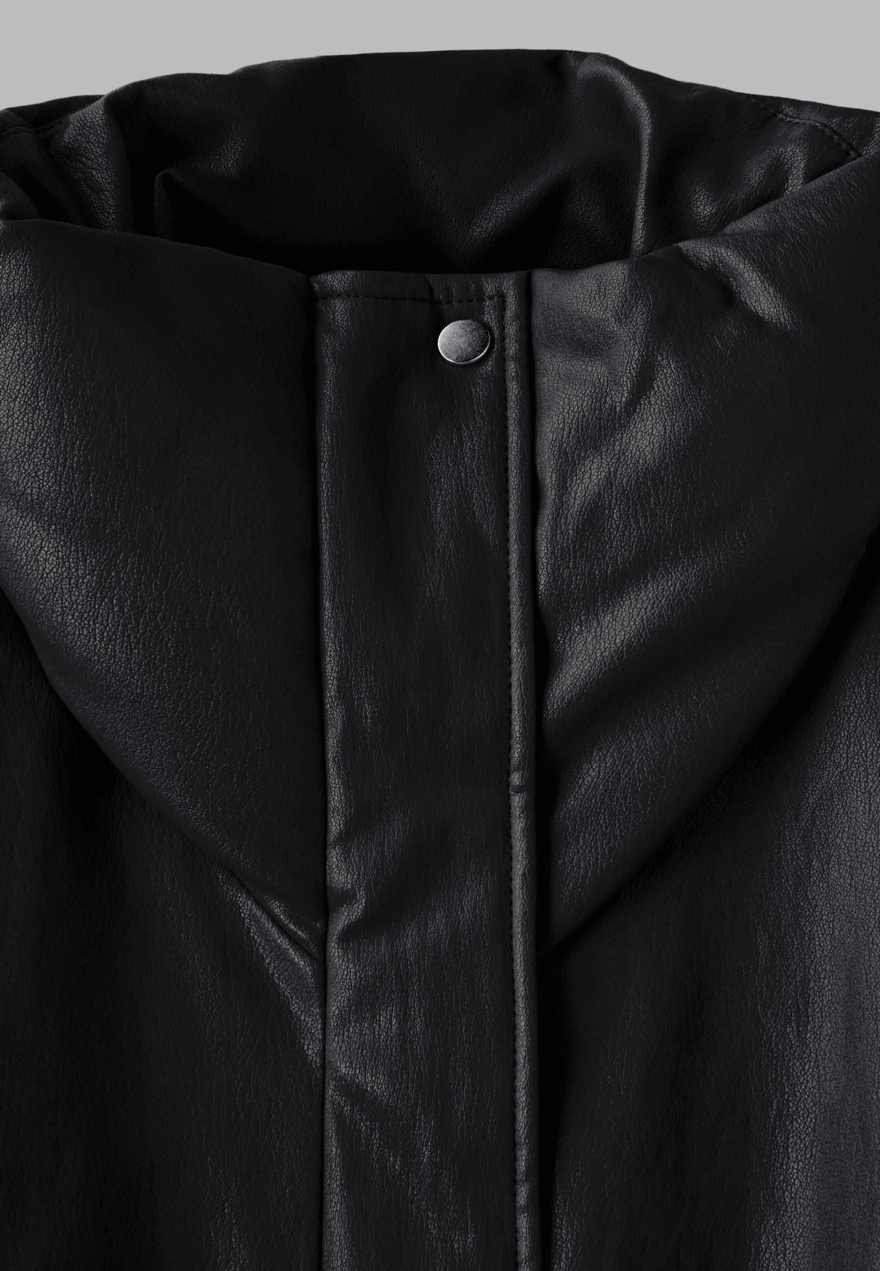 Leather effect high neck puffer jacket — Black
