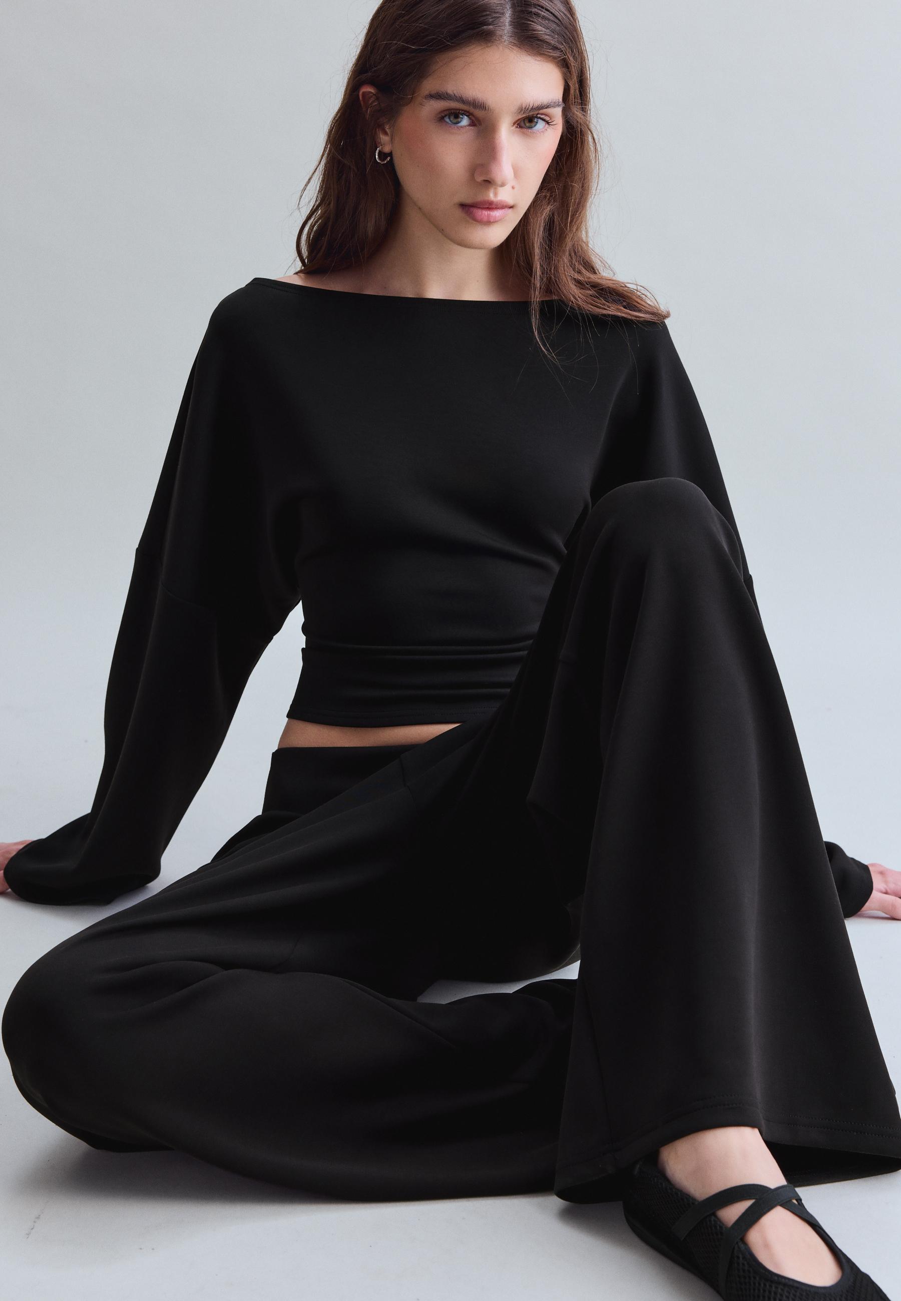 Soft-touch ruched asymmetric sweatshirt — Black