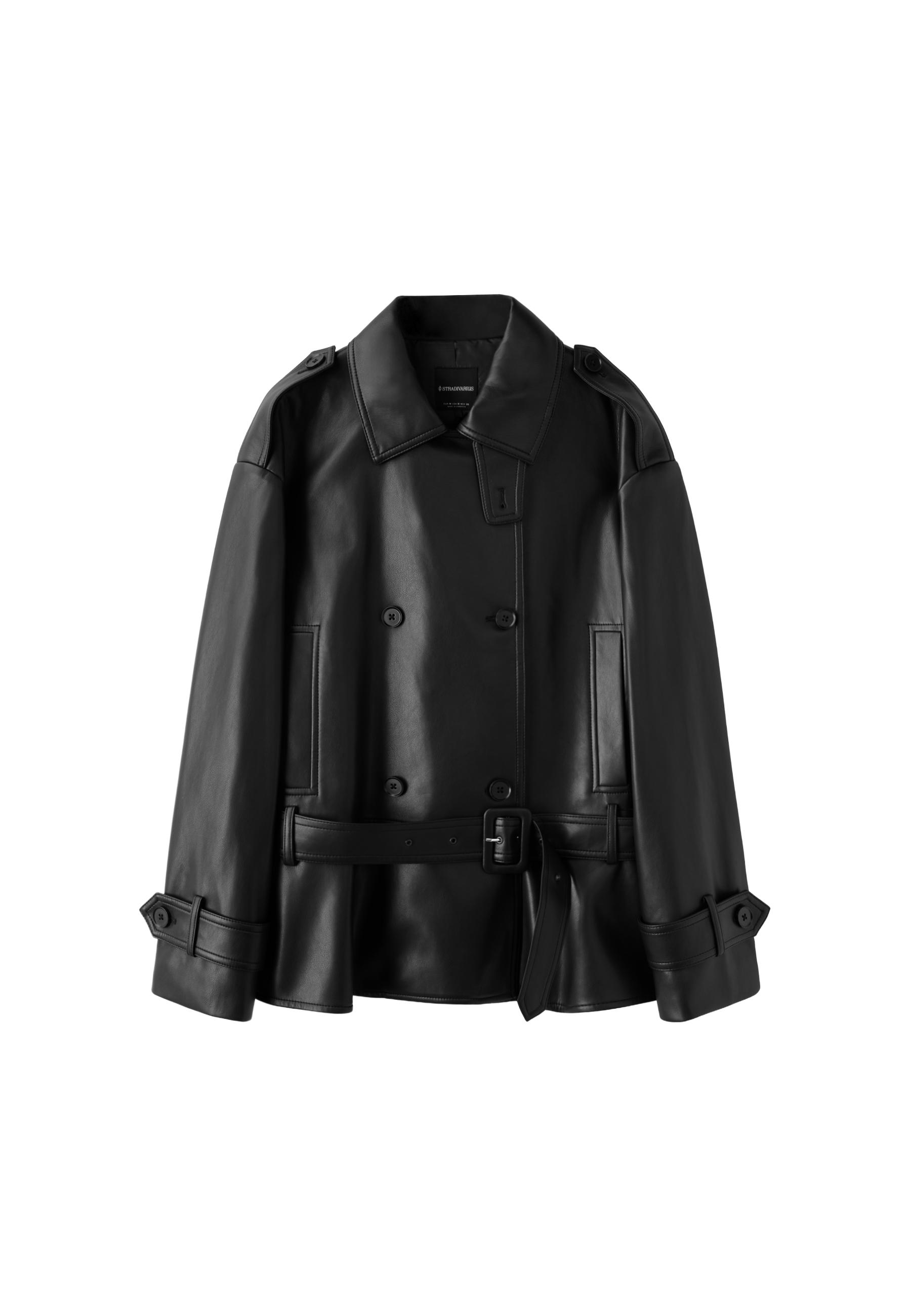 Fitted leather effect trench coat — Black