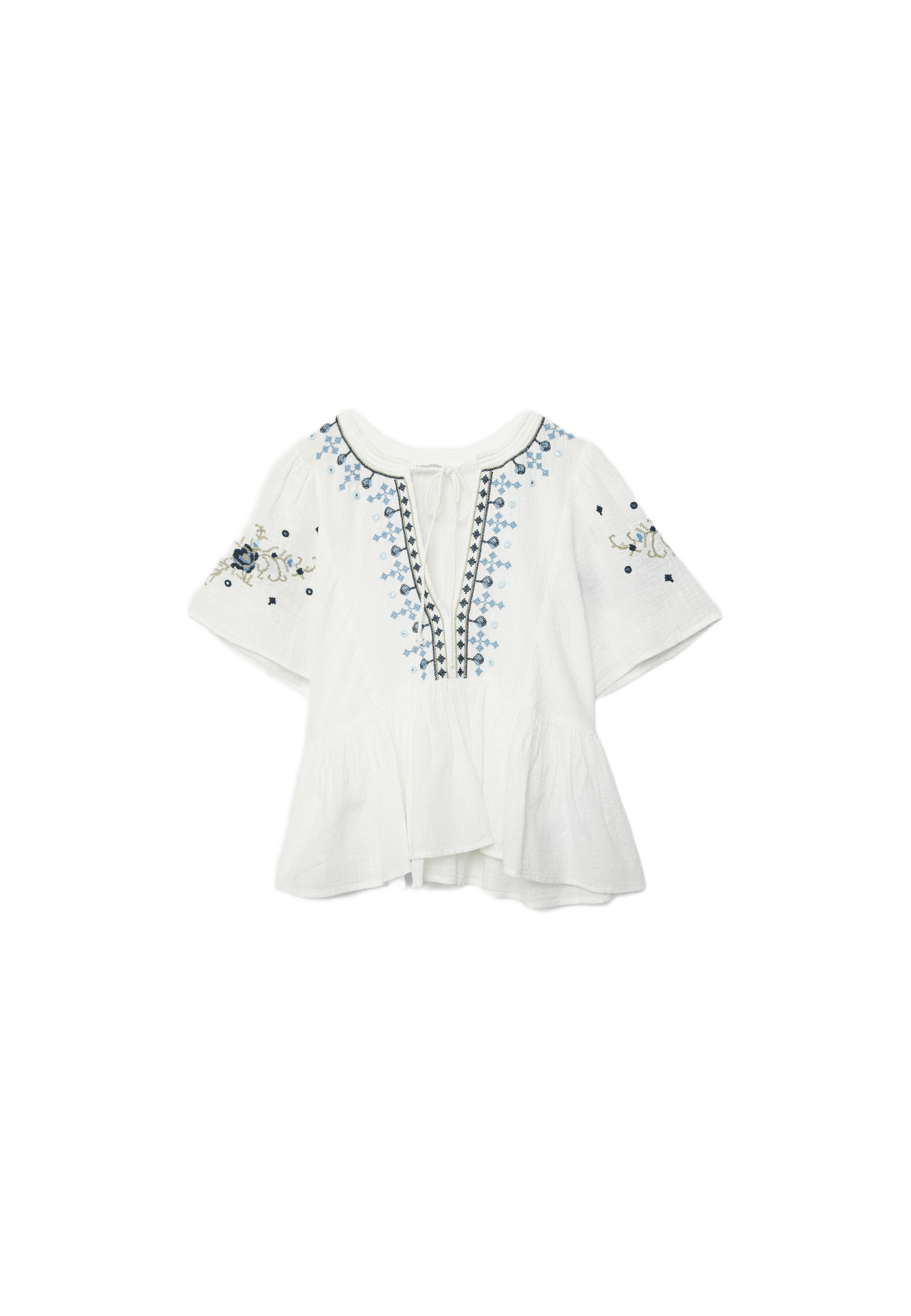 Kontrast işlemeli kısa kollu bluz