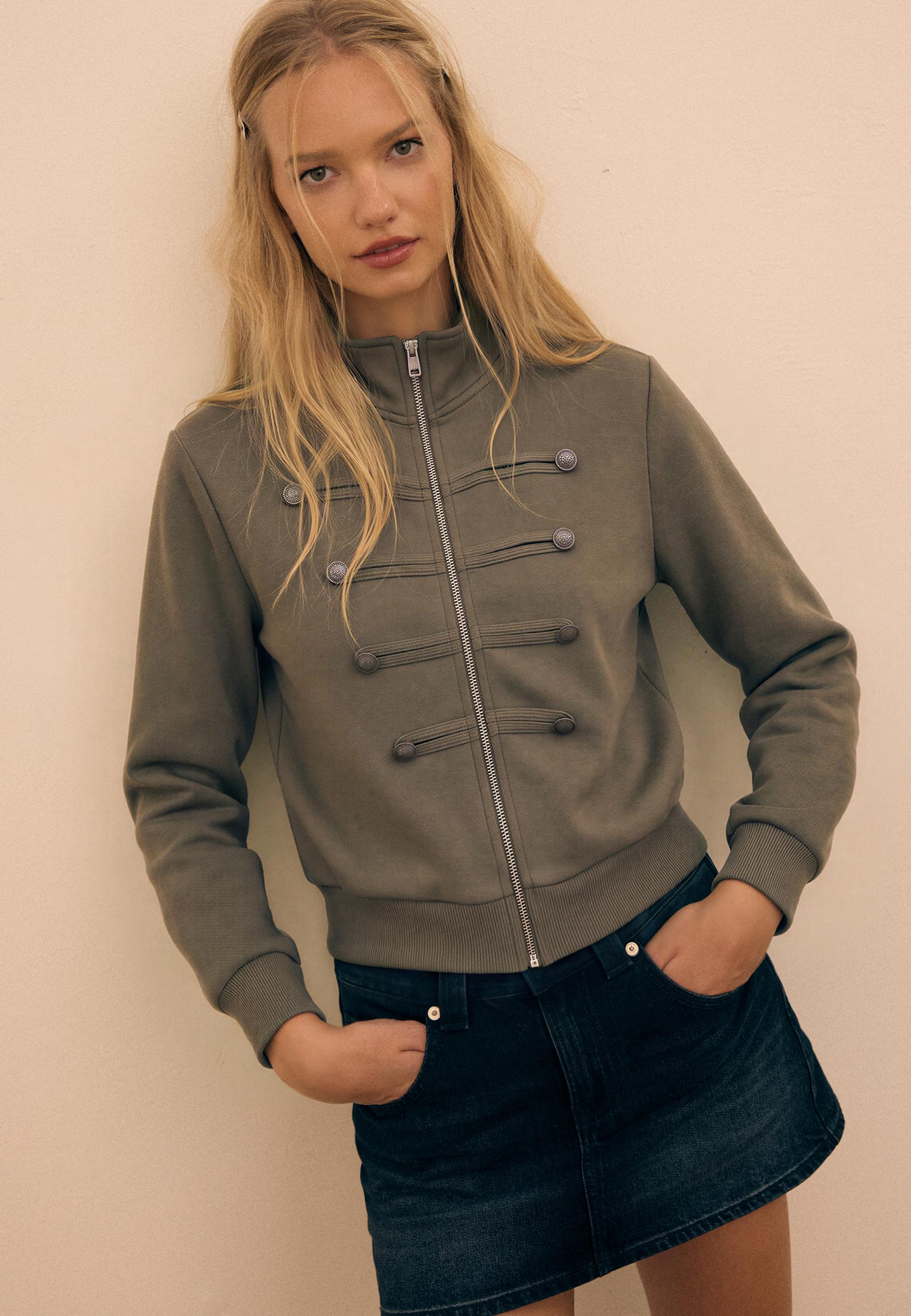 Metal Button Zip-Up Sweatshirt — Khaki