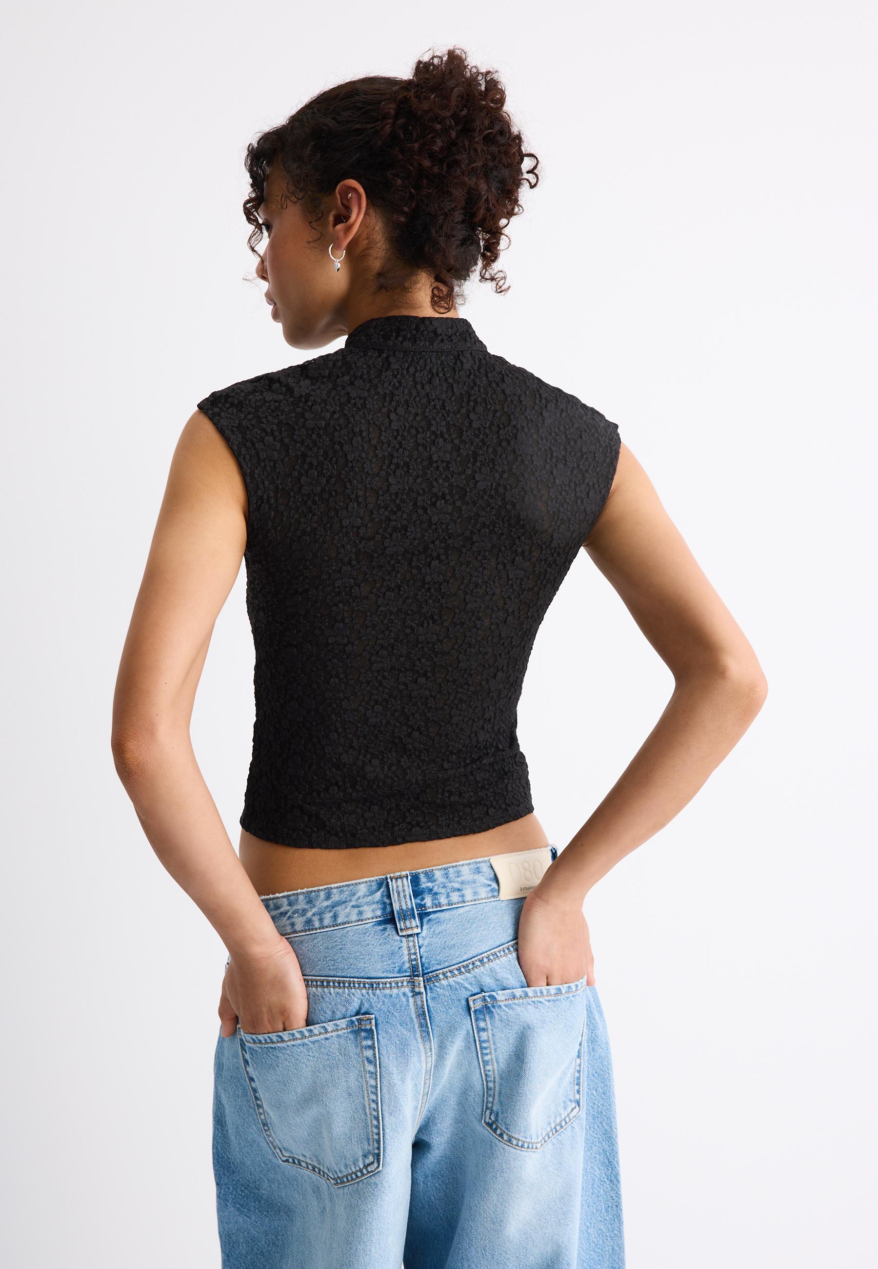 Lace stand collar top — Black