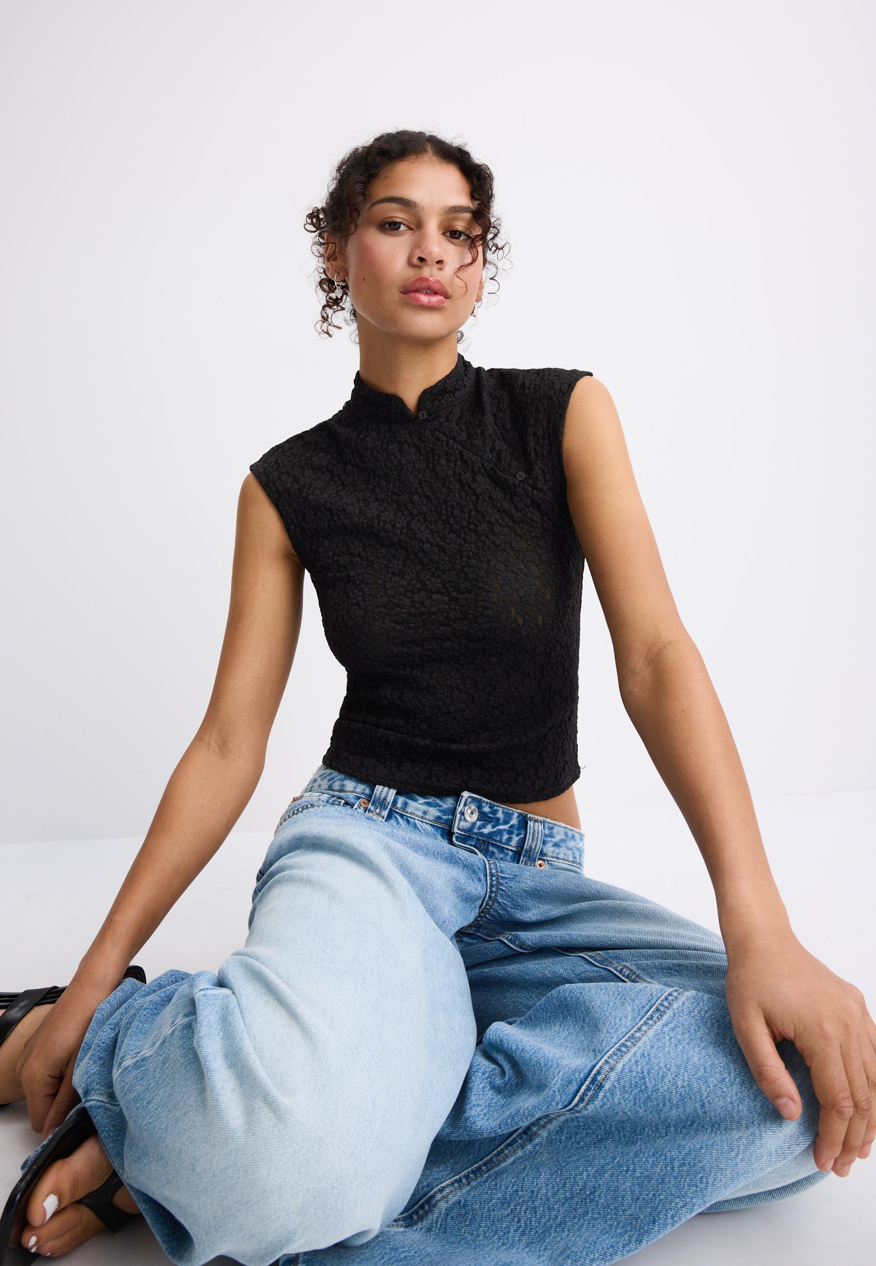 Lace stand collar top — Black