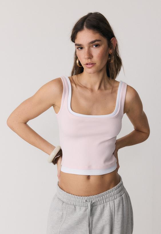 Stradivarius Top Double Col Carré Rose Pastel M
