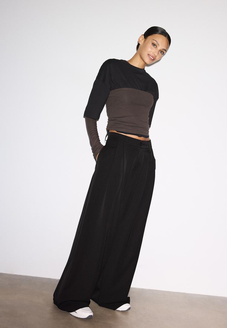 Stradivarius Pantaloni Eleganți Largi Cu Pense Negru 34