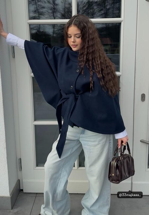 Stradivarius Τζάκετ Κάπα Με Απαλή Υφή Σκούρο Μπλε M-L