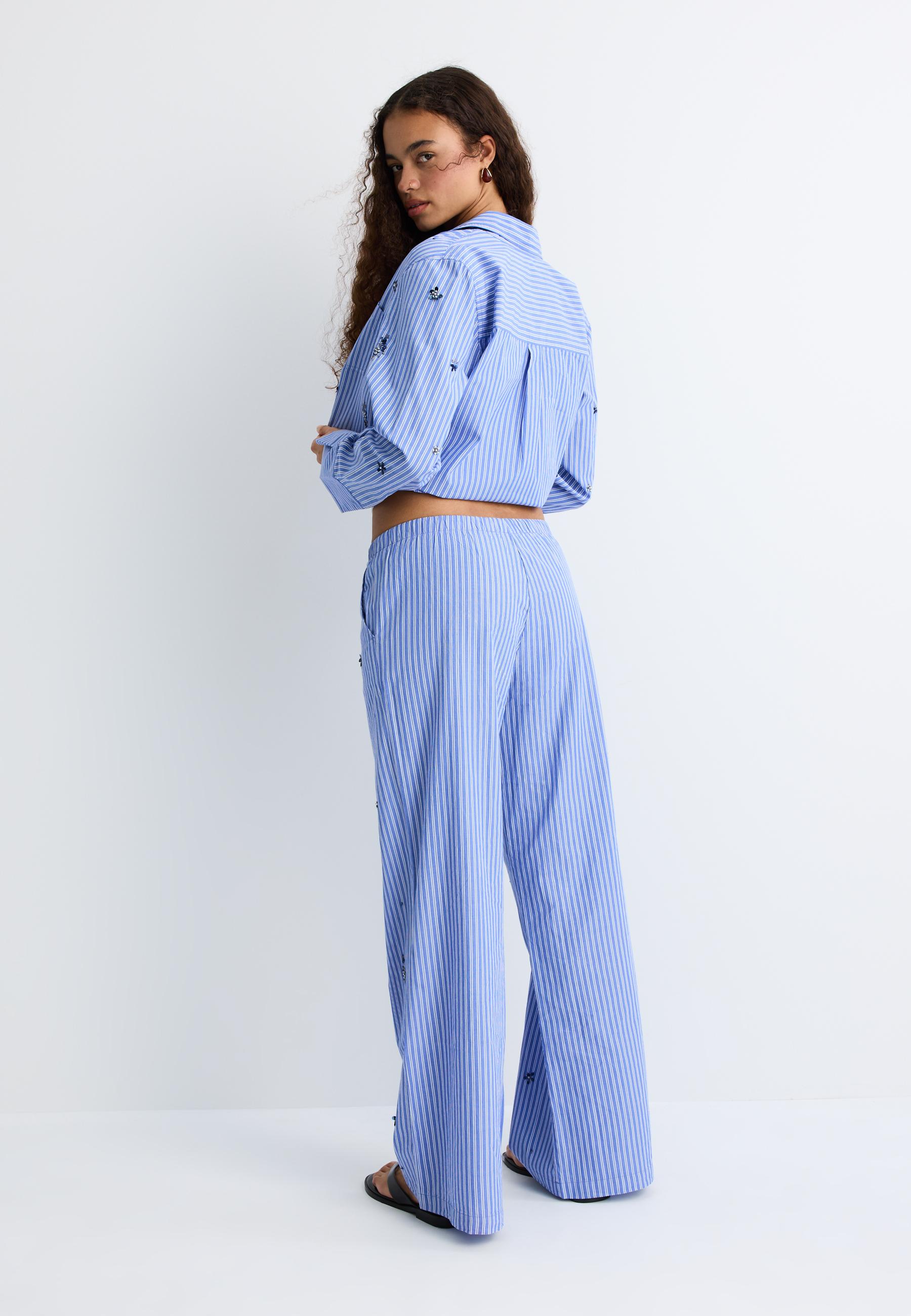 Embroidered pyjama-style trousers — Sky blue