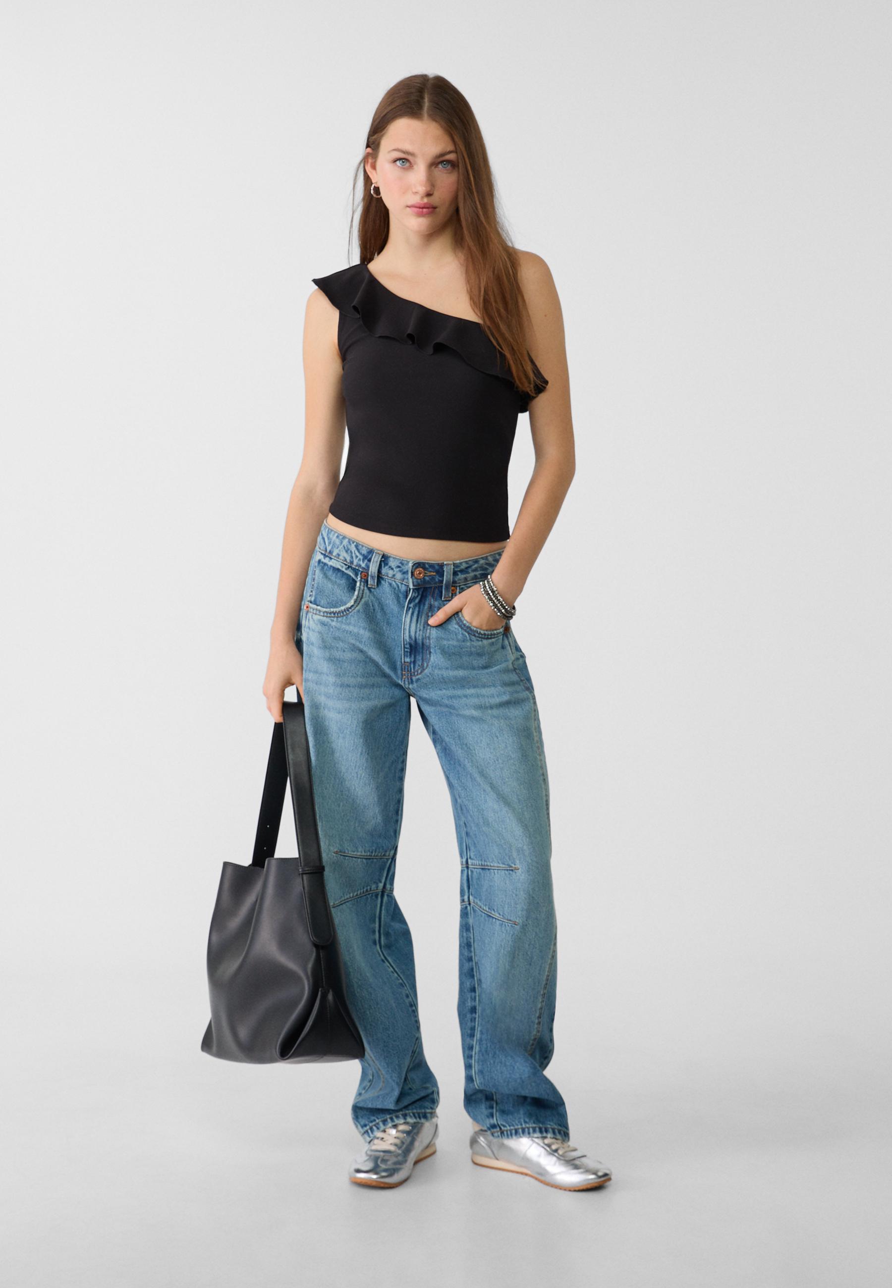 Asymmetric T-shirt with ruffle — Black