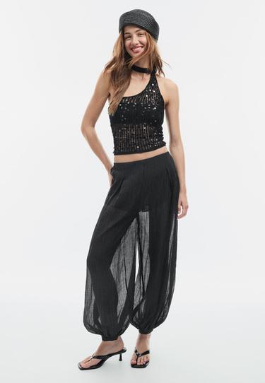 Textured sarouel trousers — Black 1