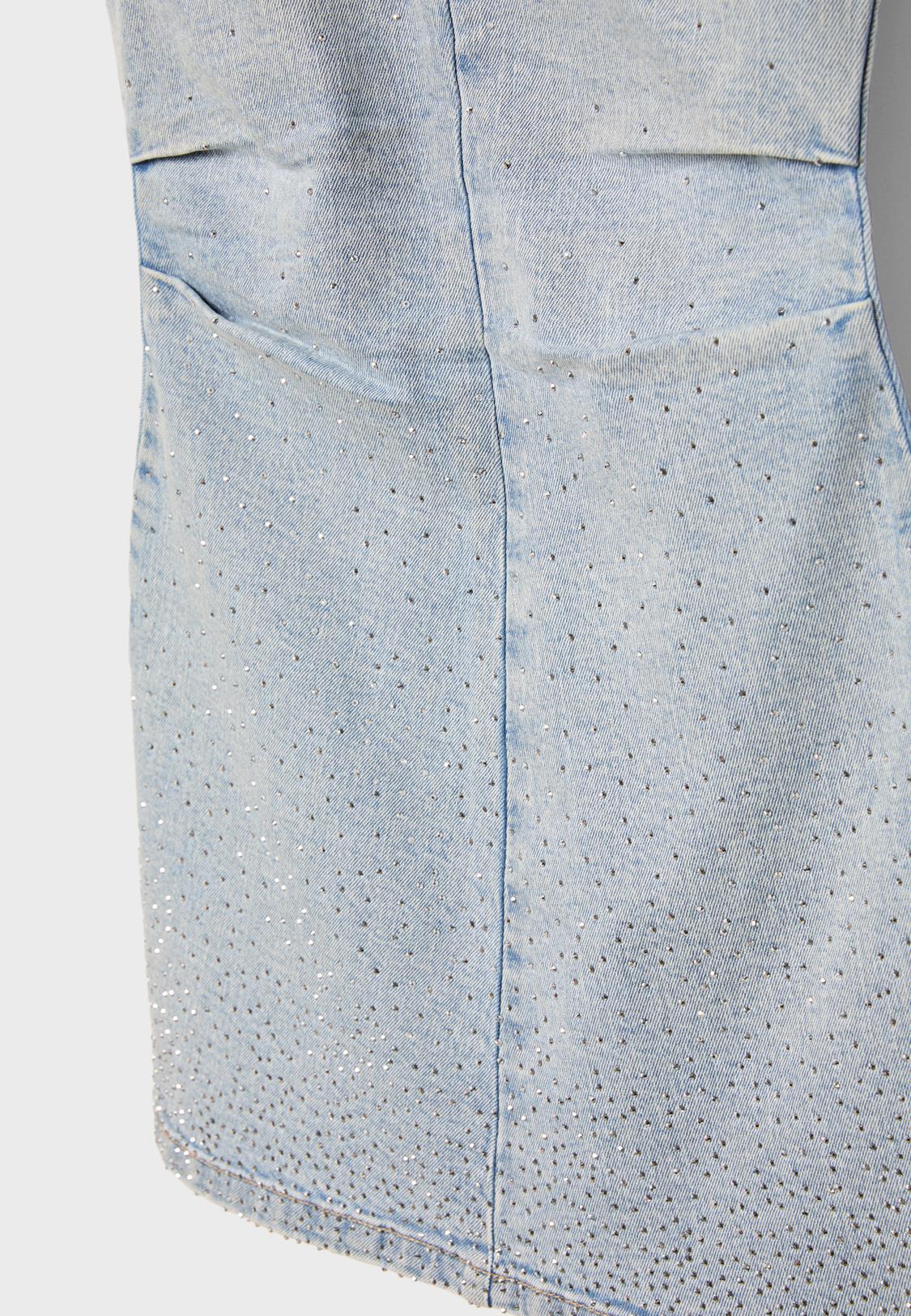 Stradivarius Short Denim Rhinestone Dress Medium Light Blue Denim M