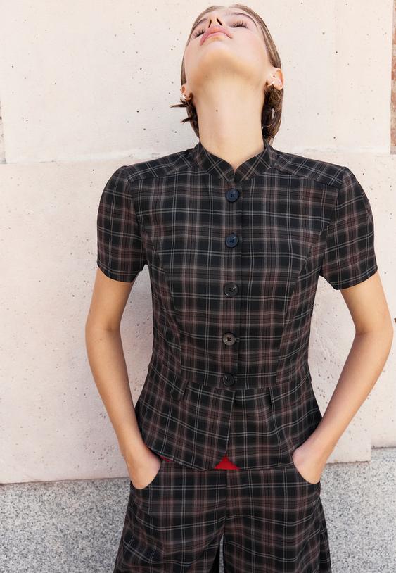 Stradivarius Fitted Short Sleeve Check Shirt Black M