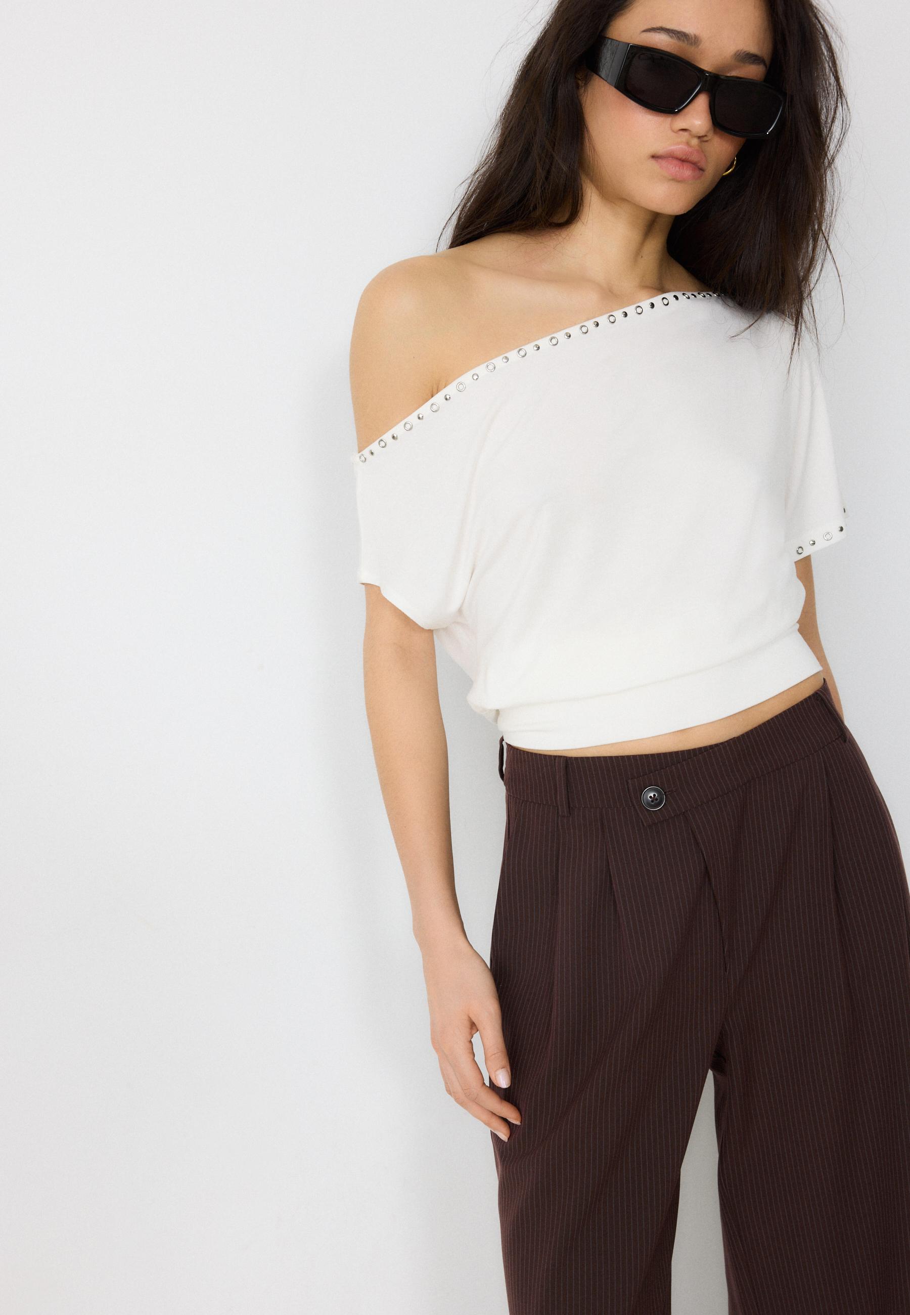 Casual striped smart trousers with crossover waist — Brown