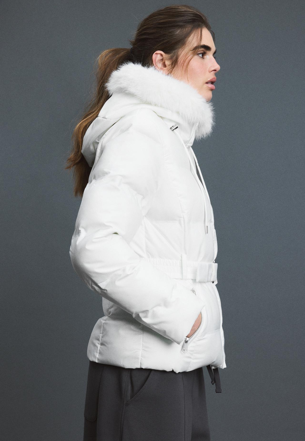 Belted hooded padded jacket — Ecru