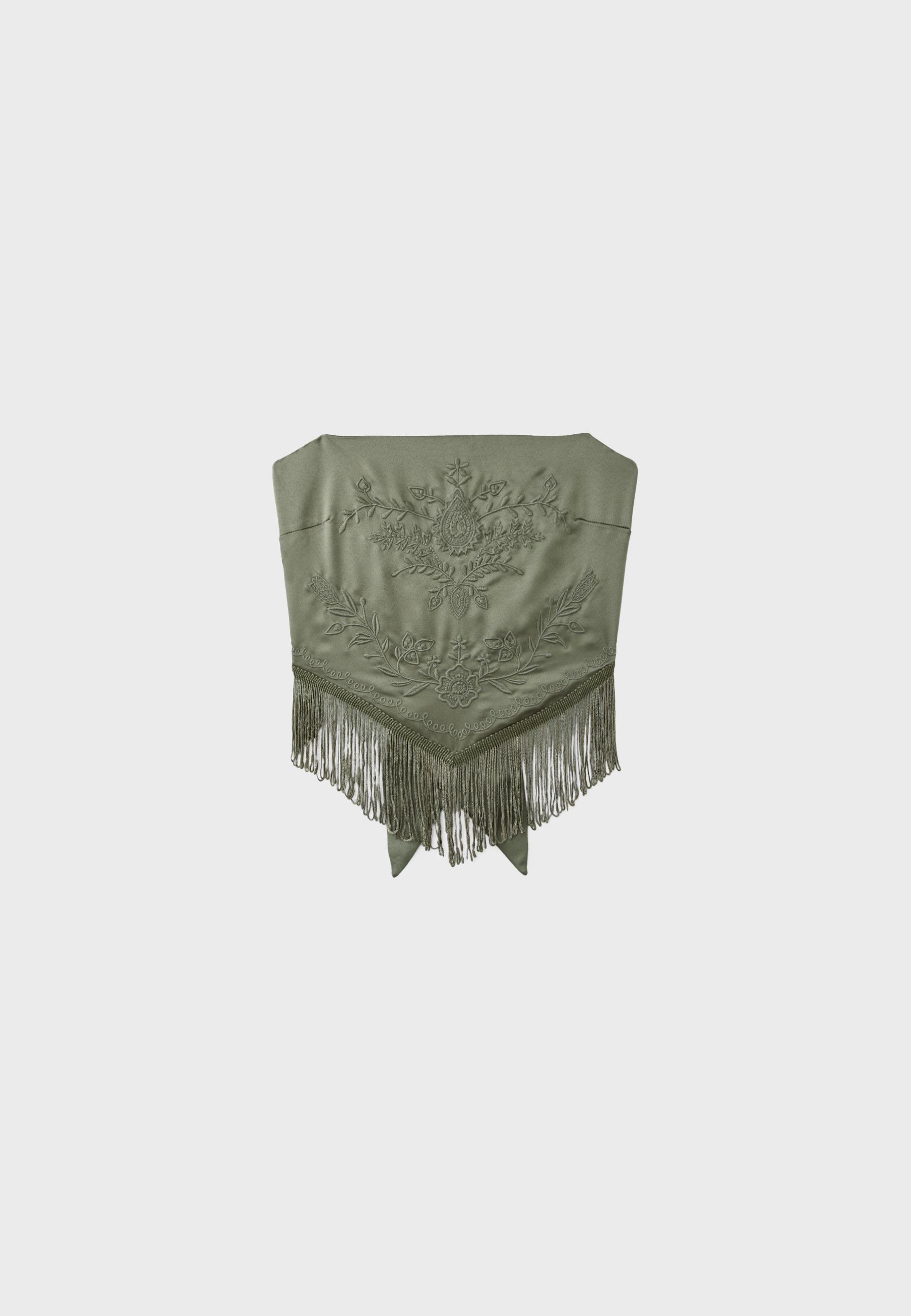 Embroidered fringe bustier top — Khaki