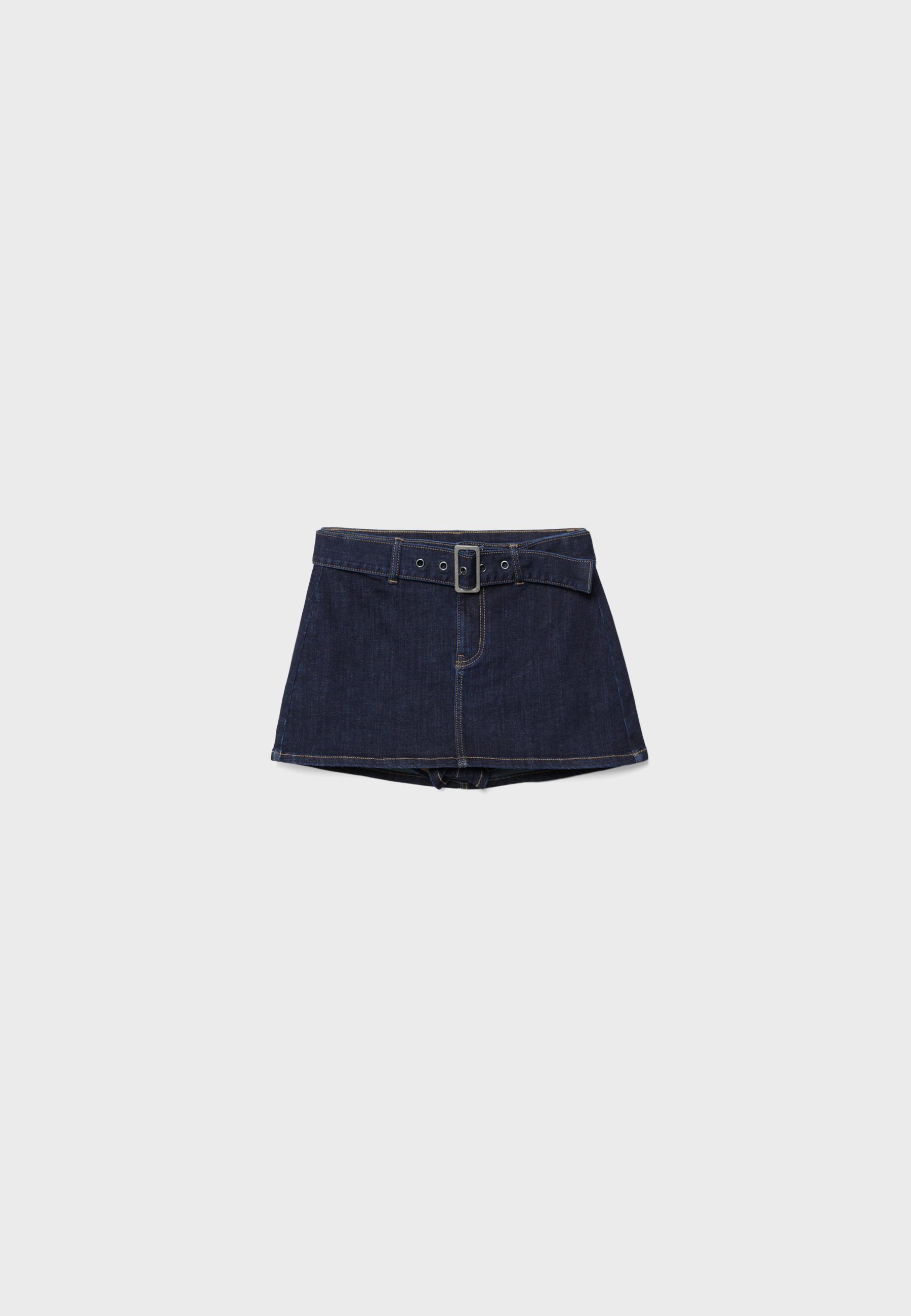Denim skort with belt — RINSE BLUE DENIM
