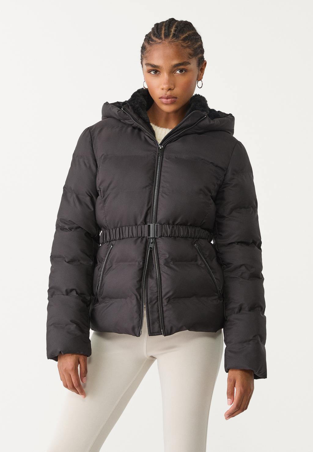 Hooded puffer jacket with belt